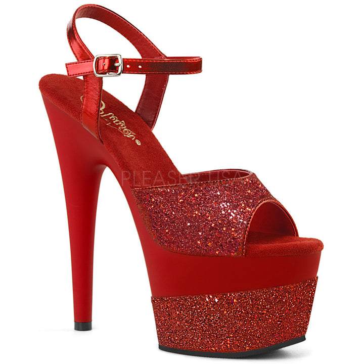 Women's sexy red glitter ankle strap stripper pumps with 7" high heel.