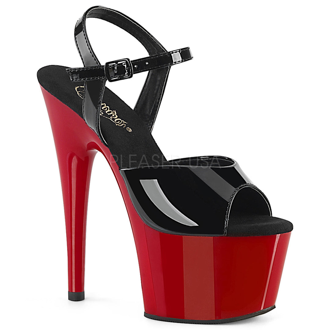 Women's sexy black/red ankle strap stripper heels with 7" heel.