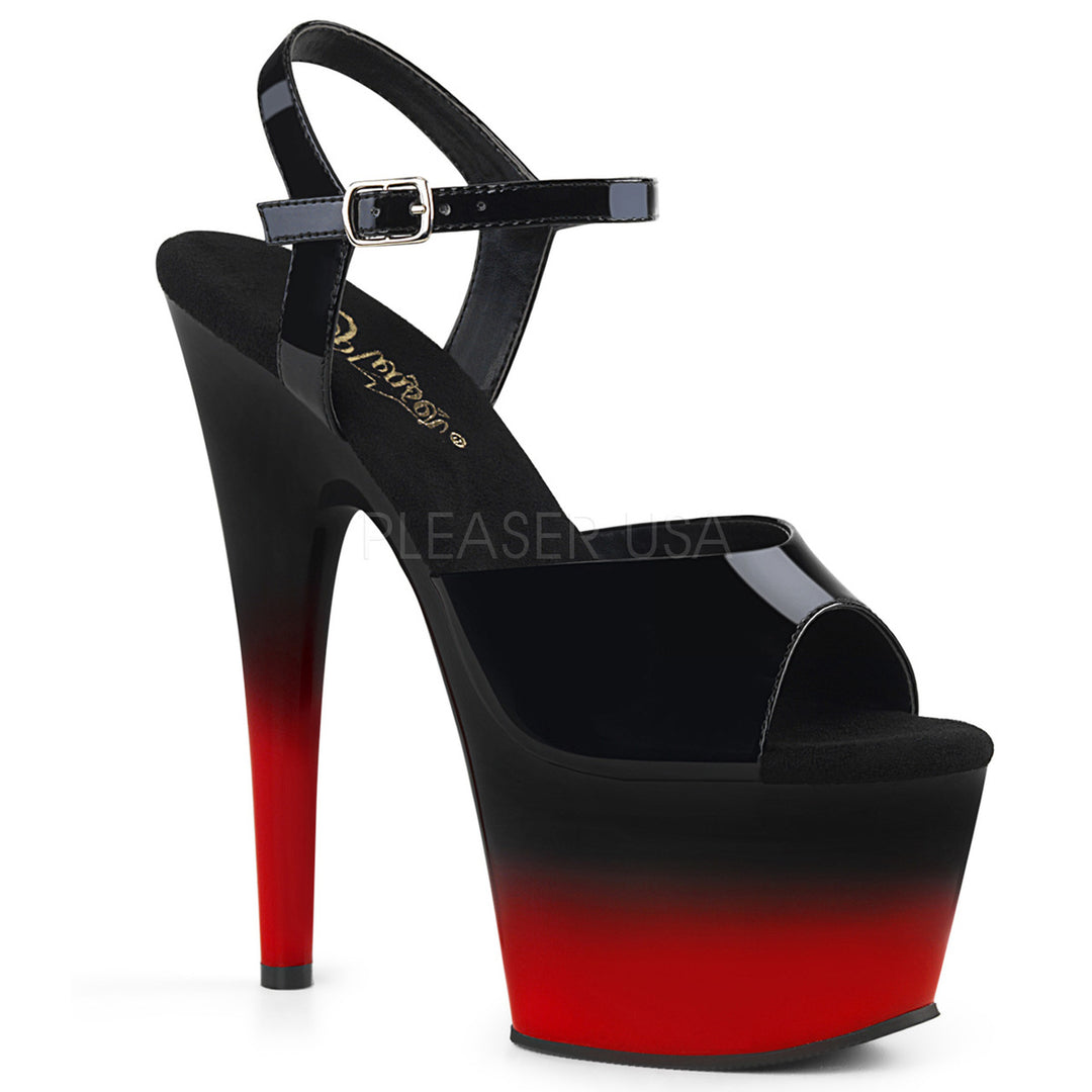 Sexy black/red ankle strap stripper shoes with 7" spike heel.