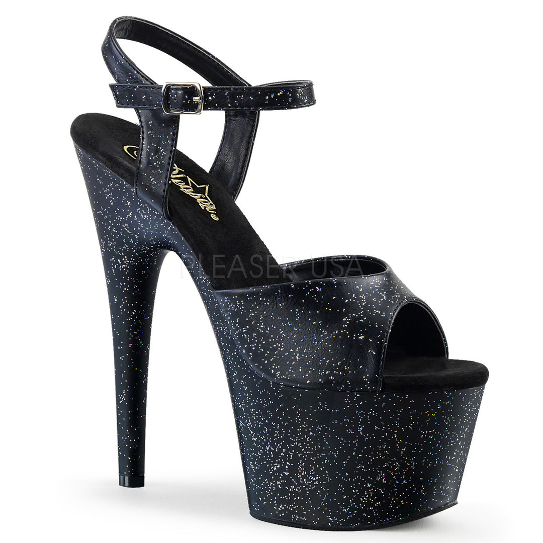 Women's black glitter ankle strap faux leather stripper shoes with 7" heel.