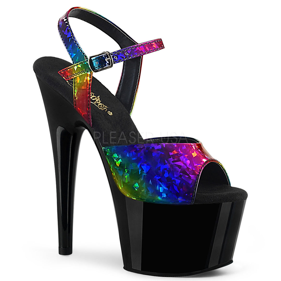 Women's rainbow ankle strap stripper heels with 7" heel.