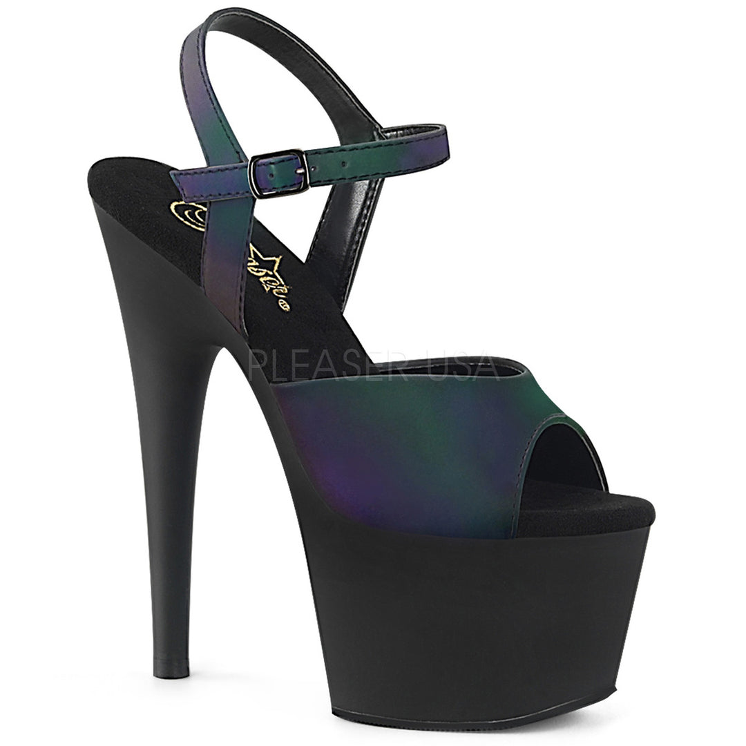 Women's sexy black/green ankle strap stripper pumps with 7" high heel.