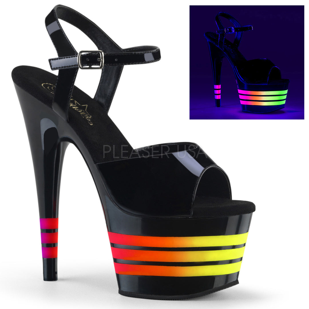 Women's black/multi color ankle strap pole dancing heels with 7" heel.
