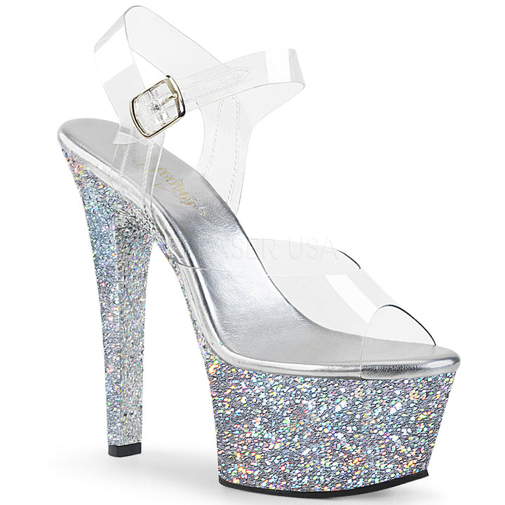 Women's sexy clear/silver glitter ankle strap exotic dancer high heels with 6" high heel.