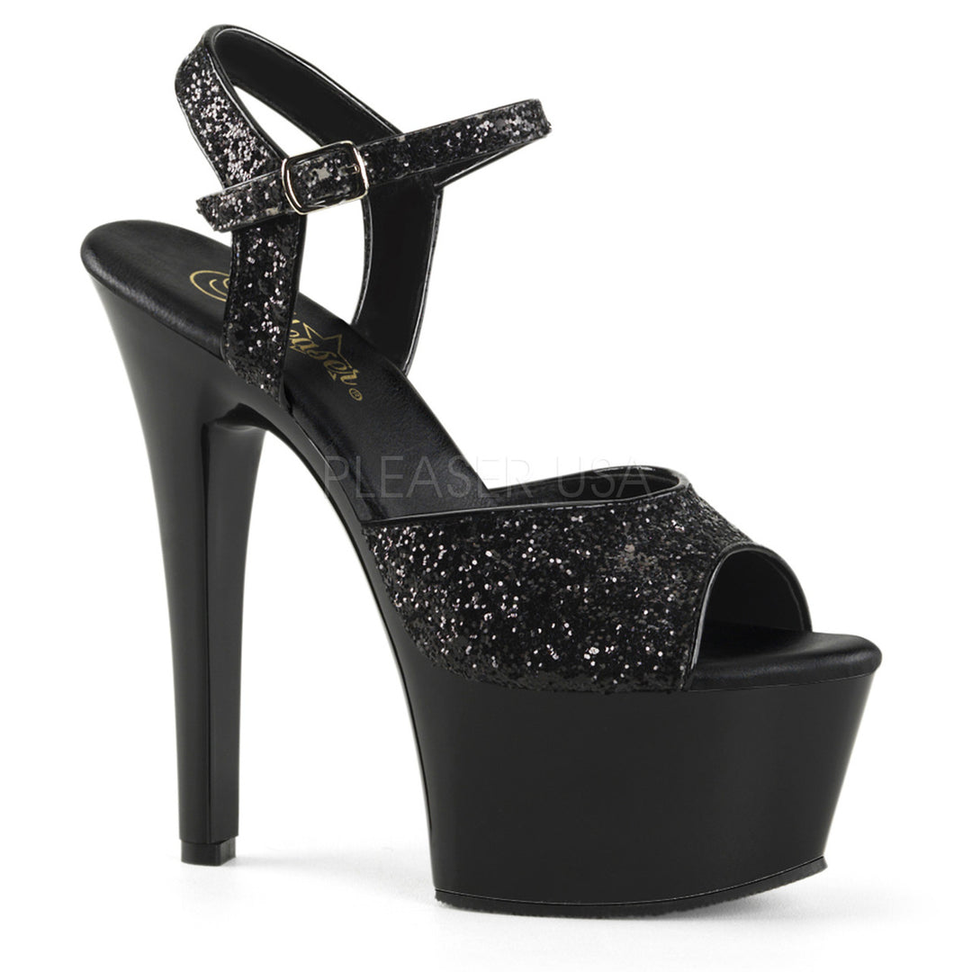 Women's black glitter ankle strap exotic dancer shoes with 6" heel.