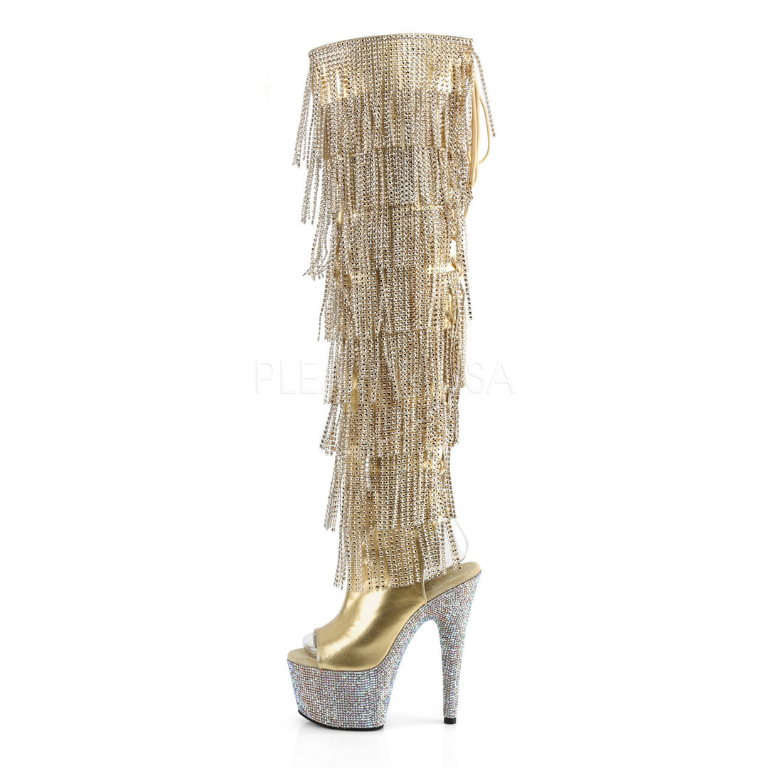 Gold 7 inch heel over the knee boots with 2.8 inch platform.