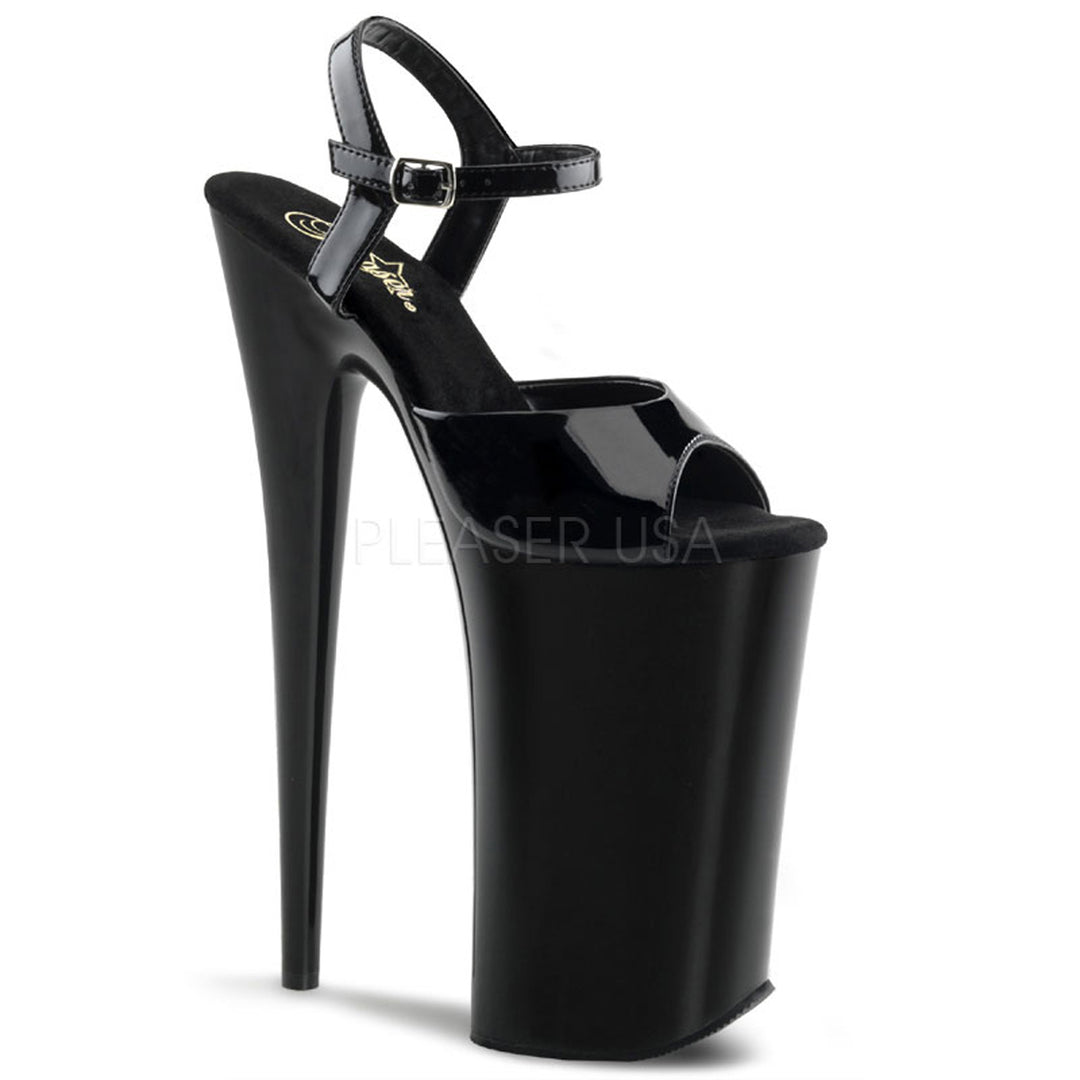 Women's sexy black ankle strap exotic dancer shoes with 10" heel.