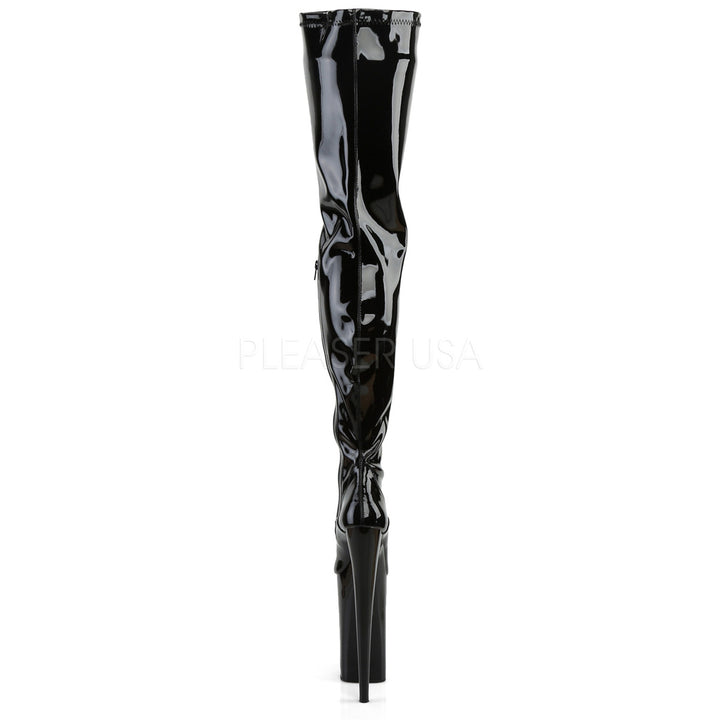 Women's sexy black 10 inch heel side zip thigh high boots with 6.3" platform.