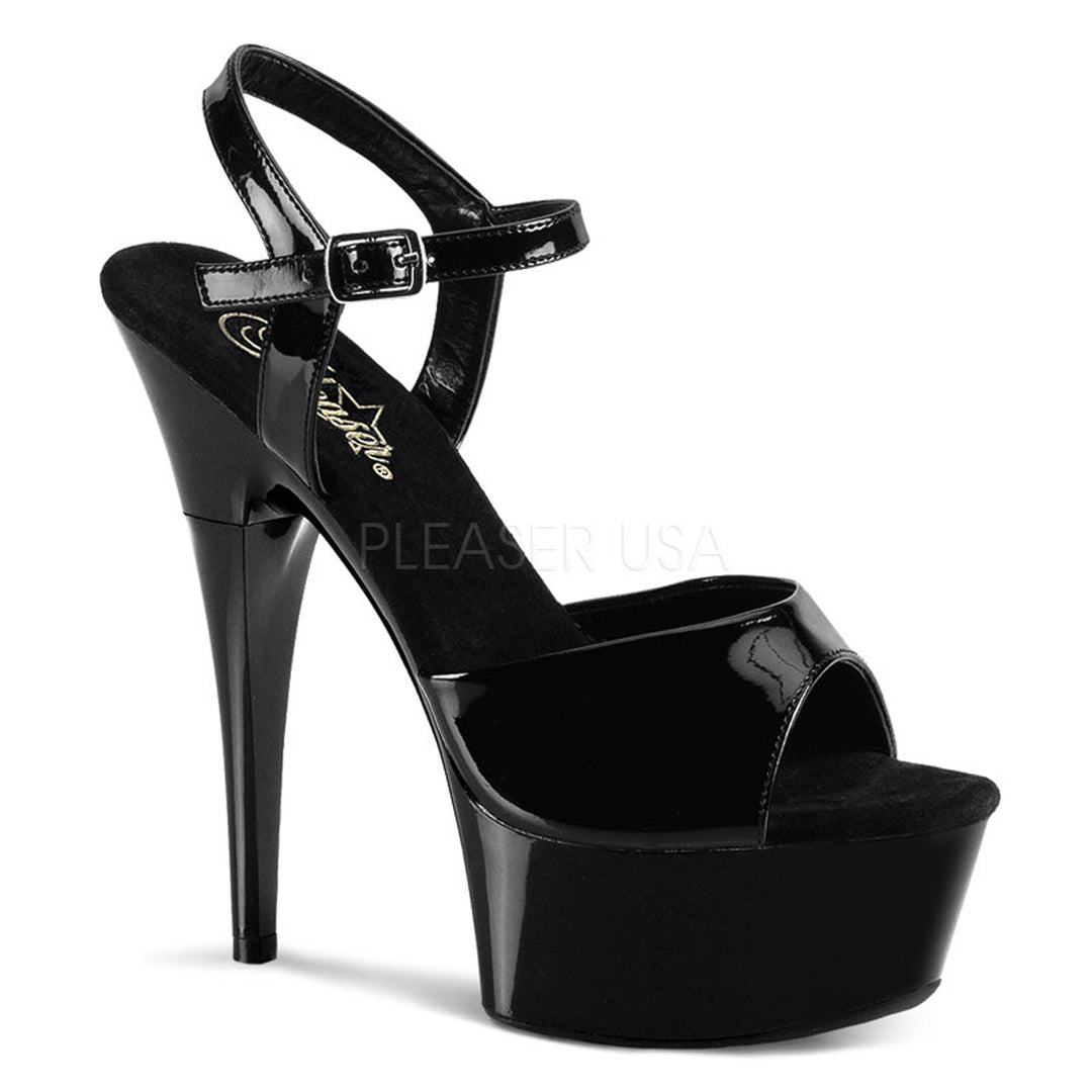 Sexy black ankle strap stripper pumps with 6" stiletto heel.