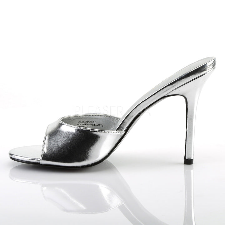 Pleaser Shoes, peep toe slide, Silver, 4" heel