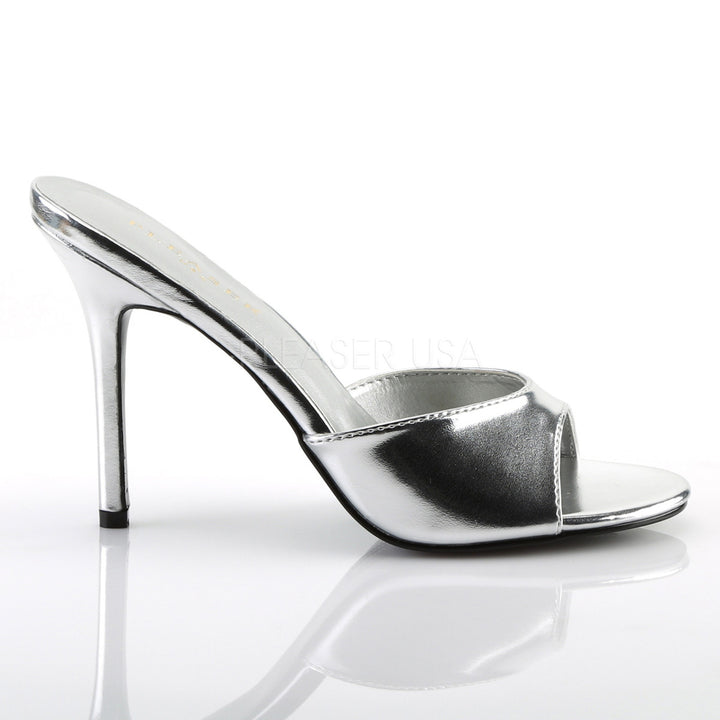 Women's sexy peep toe slide shoes in color silver metallic.