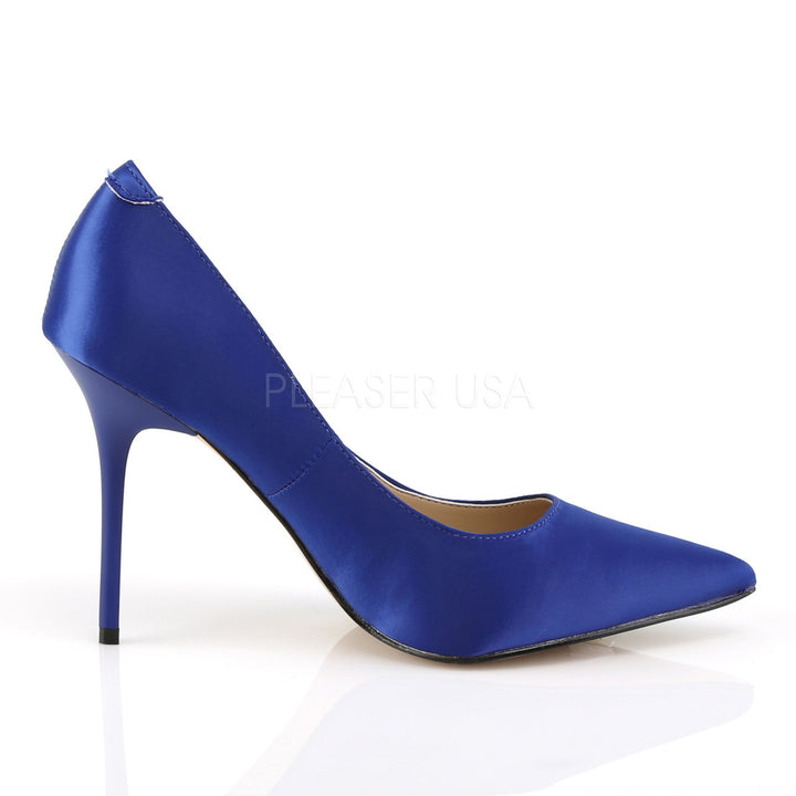 Women's sexy pointed-toe pump heels in color royal blue satin.