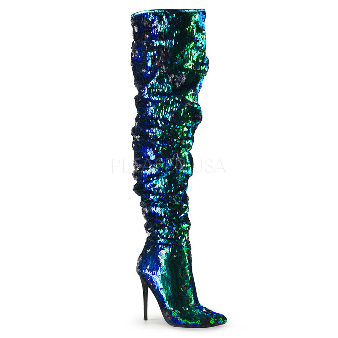 Women's 5" high heel green side zip well made thigh high boots