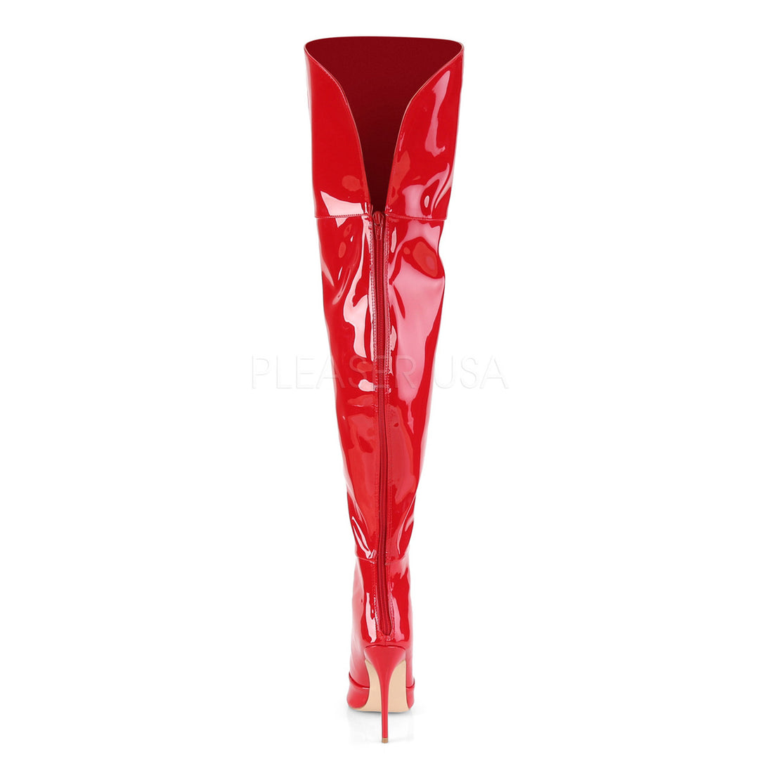 Women's sexy red 5 inch high heel thigh high boots with a flat platform.