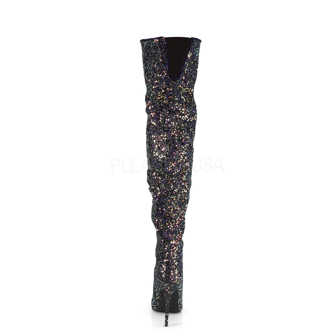 Women's sexy black glitter 5 inch high heel side zip thigh high boots with a flat platform.