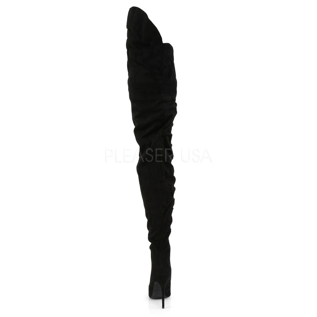 Women's sexy black 5 inch high heel side zip thigh high boots with a flat platform.