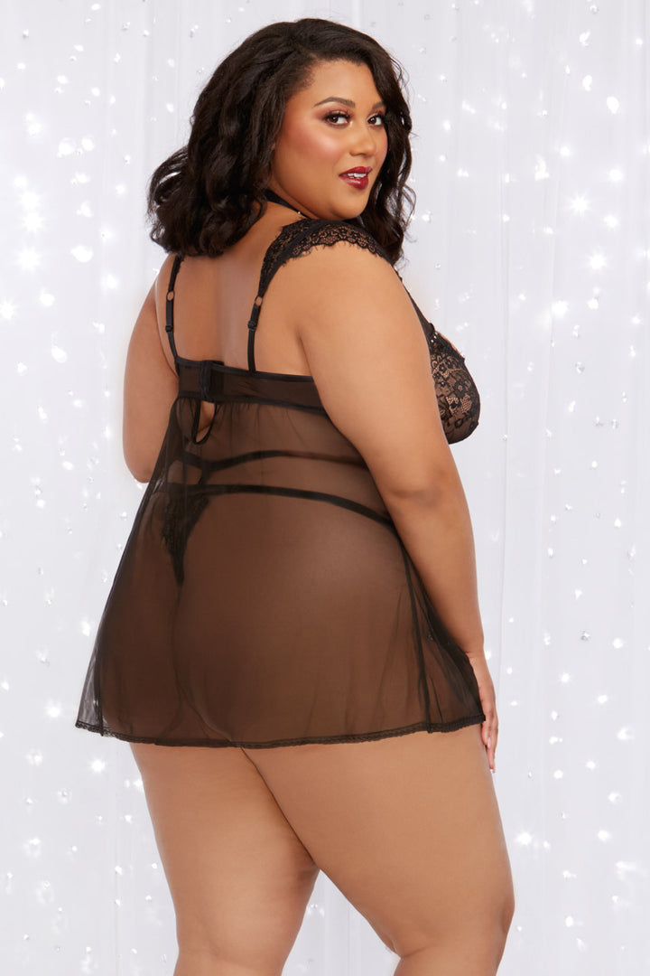 Plus Size Velvet and Lace Harness Babydoll