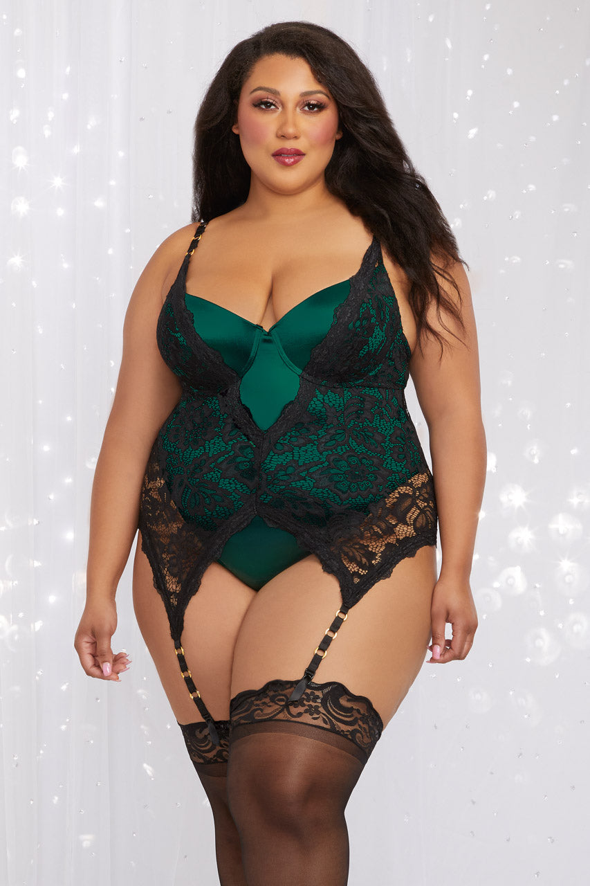 Plus Size Emerald and Lace Garter Teddy