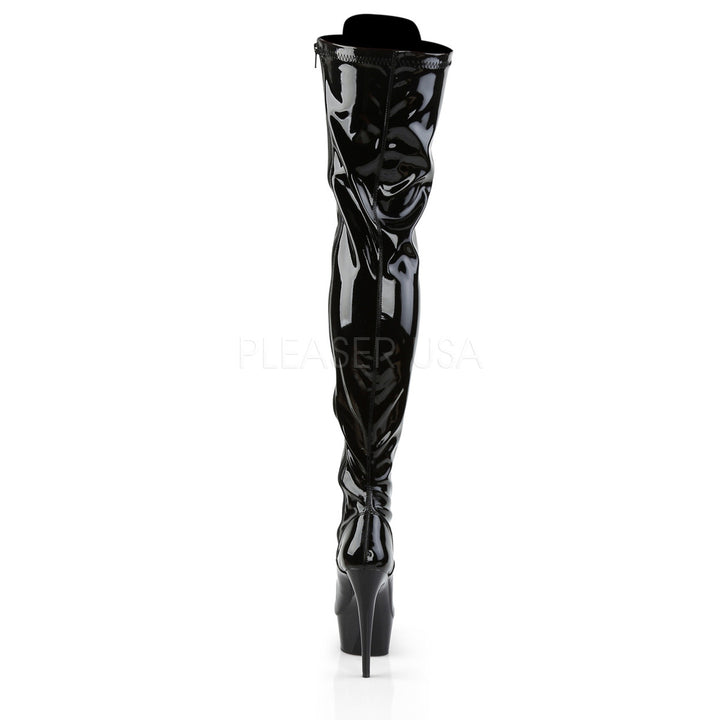 Women's black 6 inch high heel side zip exotic thigh high boots with 1.8" platform.