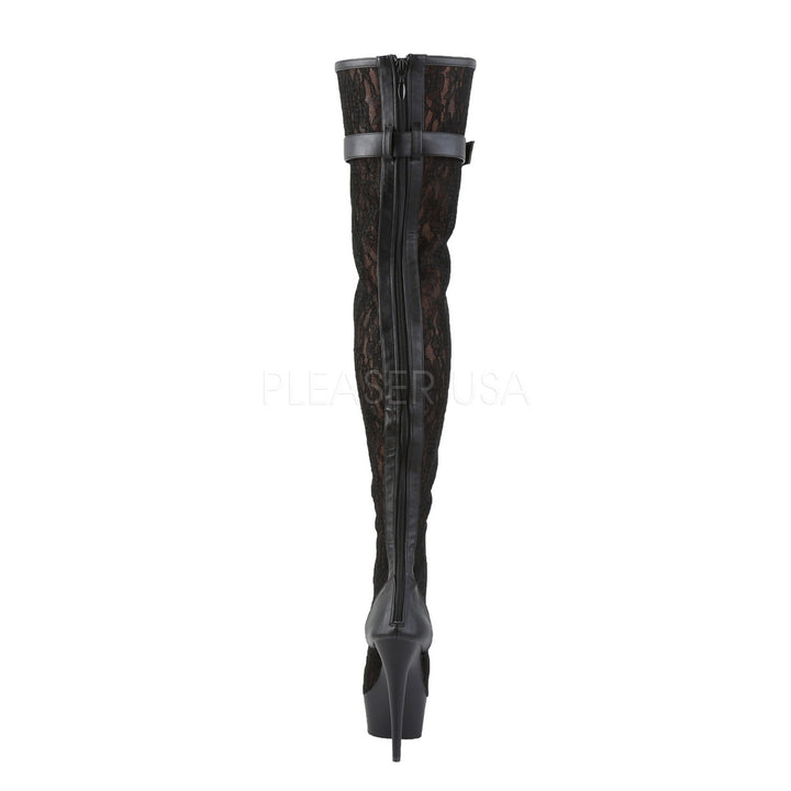 Women's black 6 inch high heel exotic thigh high boots with 1.8" platform.