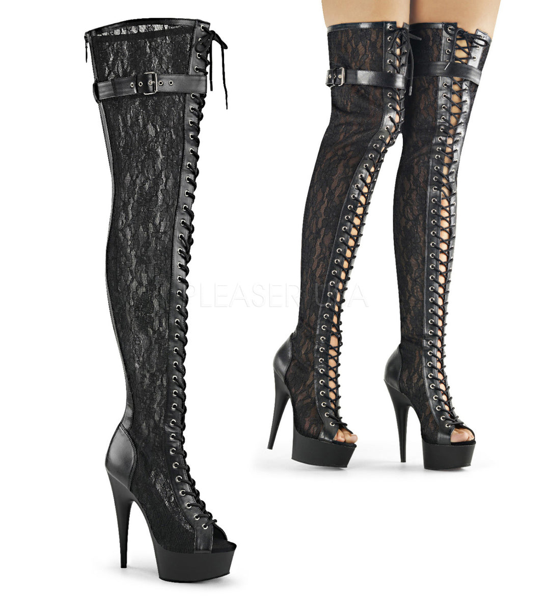 Women's 6" high heel black vegan leather exotic thigh high boots