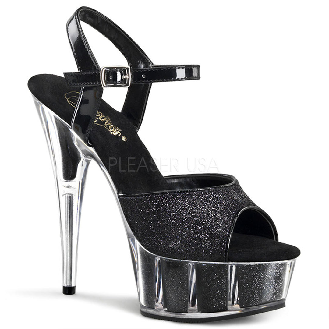 Women's black glitter ankle strap exotic dancer heels with 6" heel.