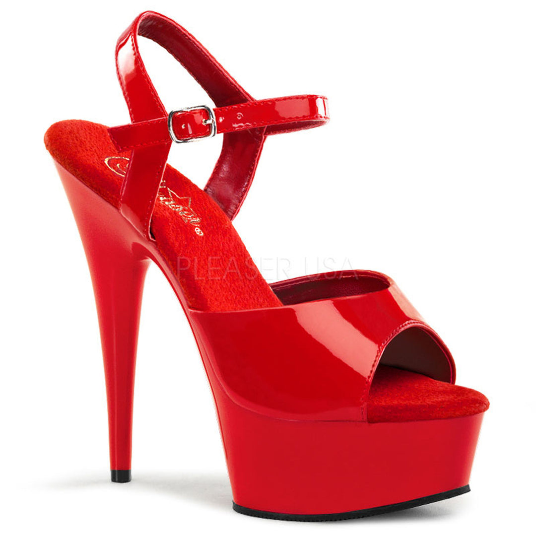 Sexy red ankle strap pole dancing heels with 6" stiletto heel.