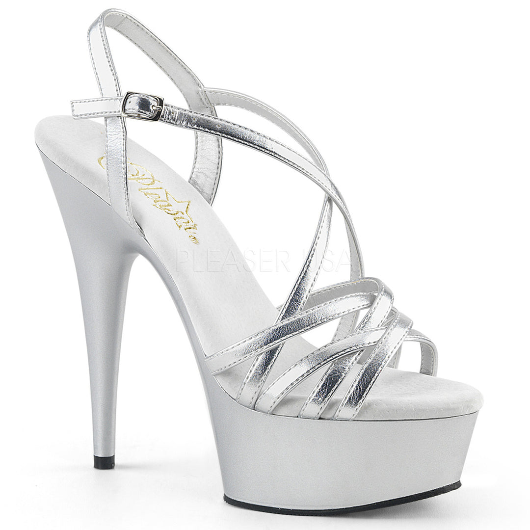 Women's silver 6" stiletto sandal shoes with a 1.8" platform