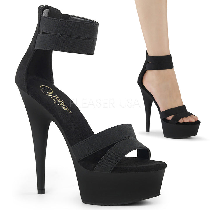 Women's black faux suede 6" stiletto sandal shoes with a 1.8" platform
