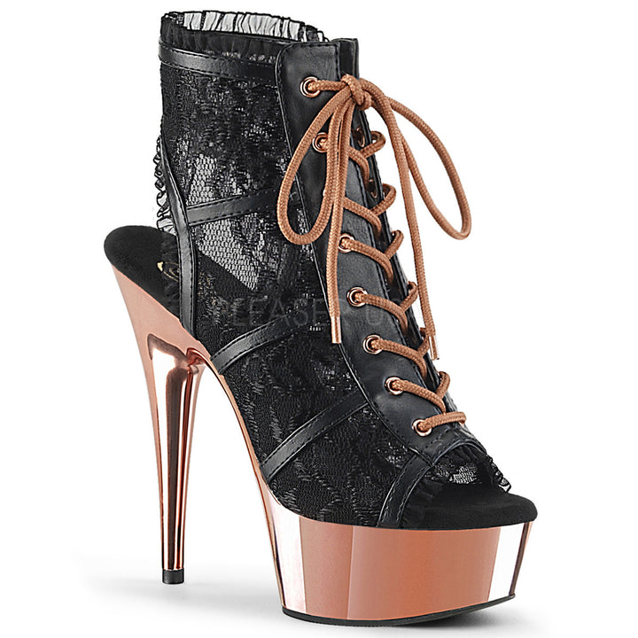 6" heel black/rose gold open toe/heel faux leather ankle booties