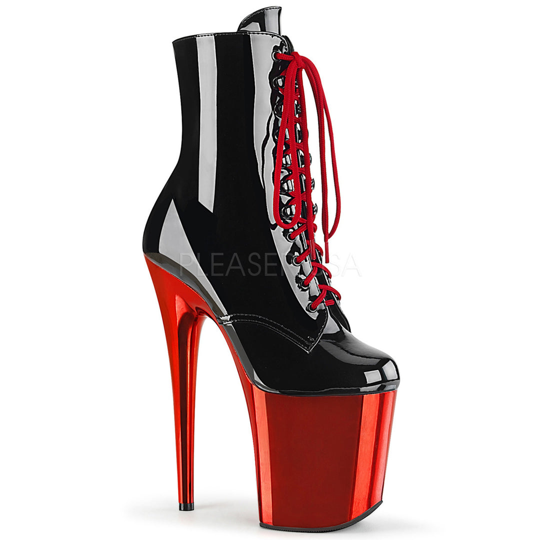 Women's 8" heel black/red lace-up booties