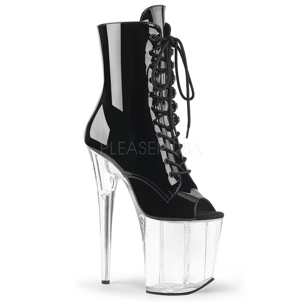 4" platform clear/black peep toe lace-up ankle boots with 8 inch spike heel