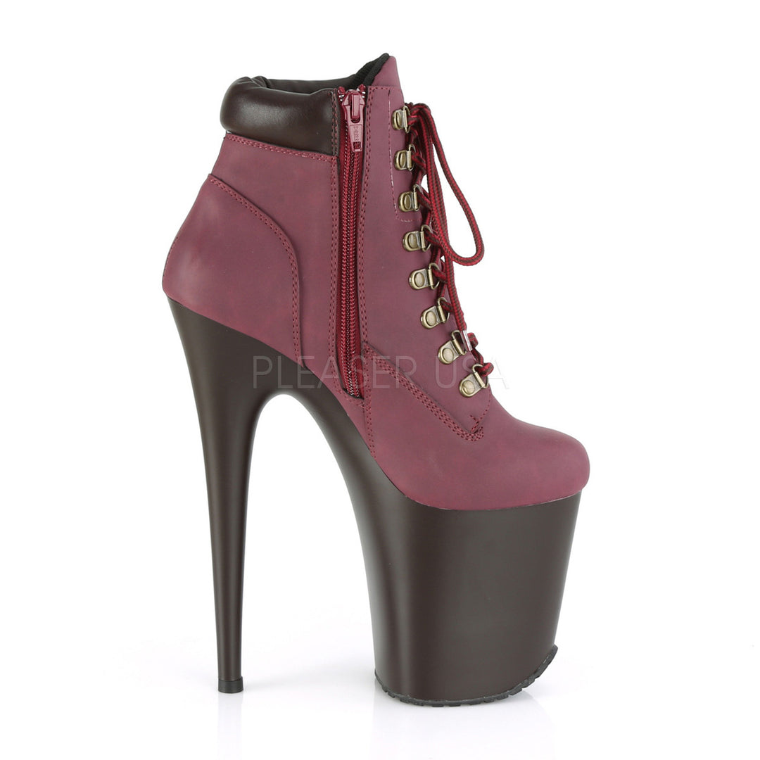 Women's sexy red faux leather ankle boots with 8" spike heel - Pleaser Shoes SKU # flam800tl-02/bynb/db
