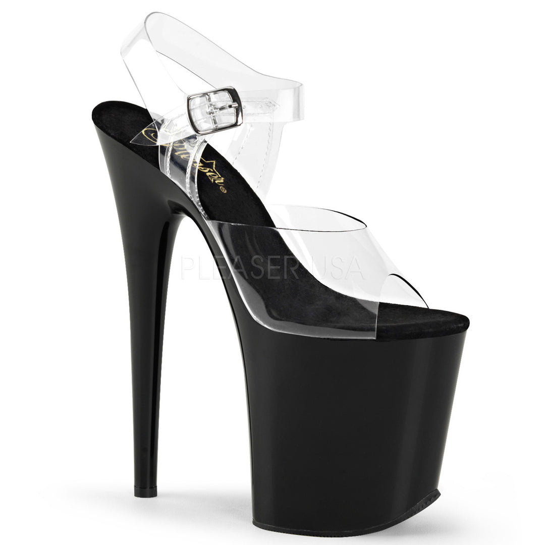 Women's clear/black ankle strap pole dancing heels with 8" heel.