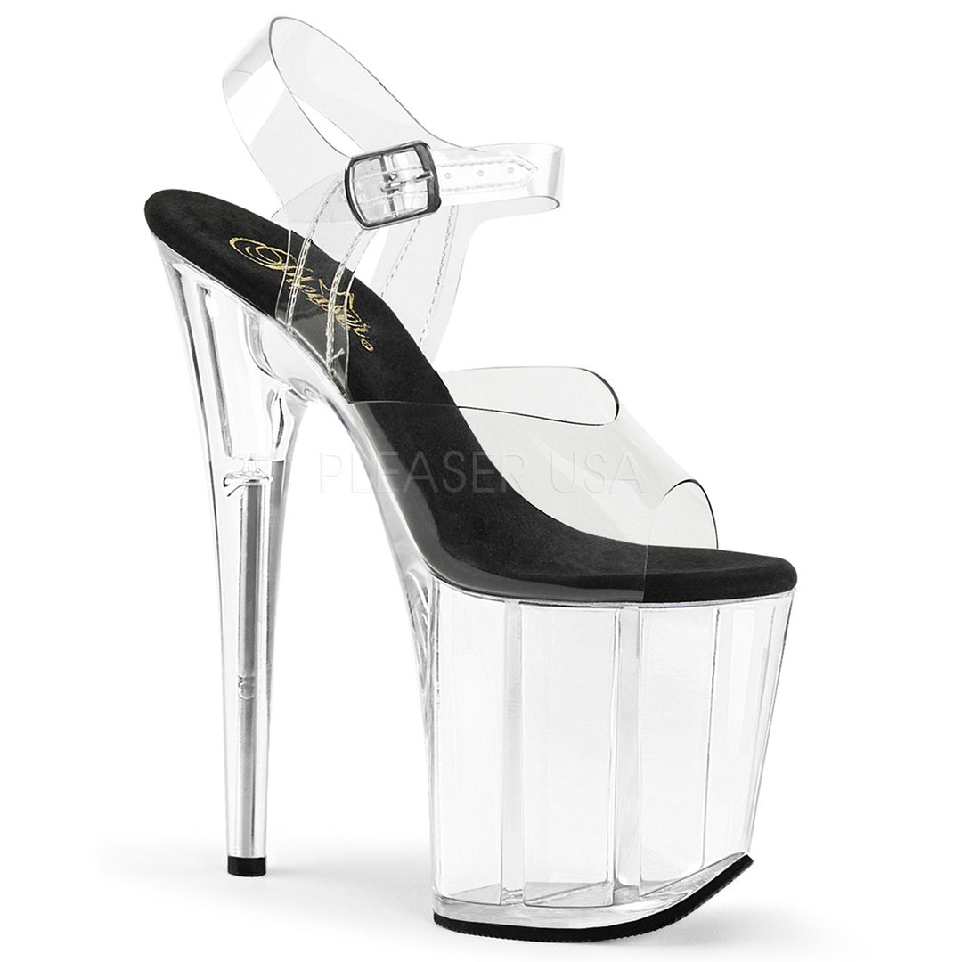 Women's clear/black ankle strap stripper heels with 8" heel.