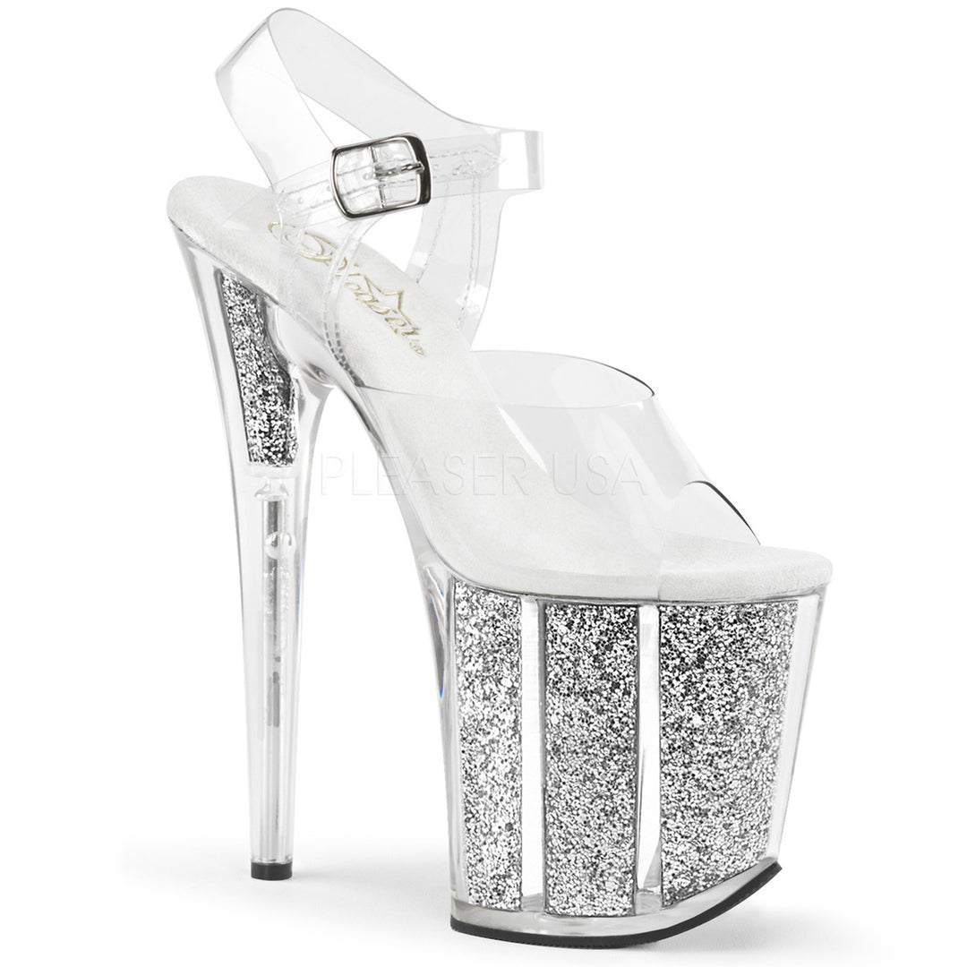 Women's sexy clear/silver glitter ankle strap stripper pumps with 8" high heel.