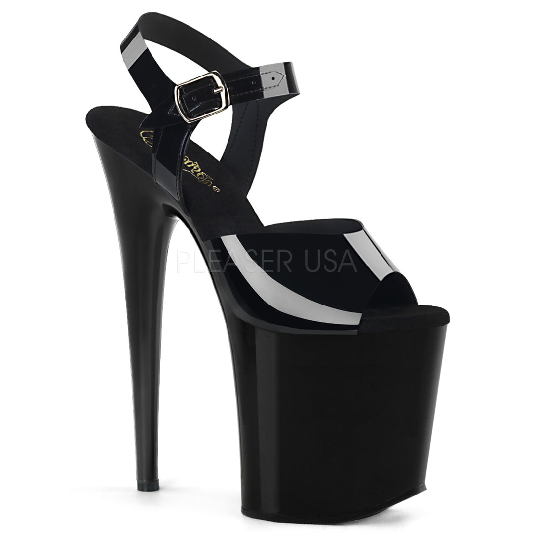 Women's sexy black ankle strap exotic dancer heels with 8" heel.