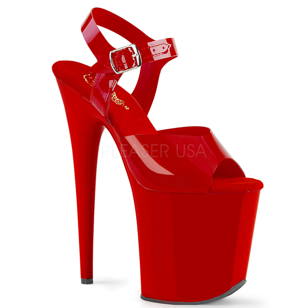 Women's sexy red ankle strap exotic dancer high heel shoes with 8" high heel.