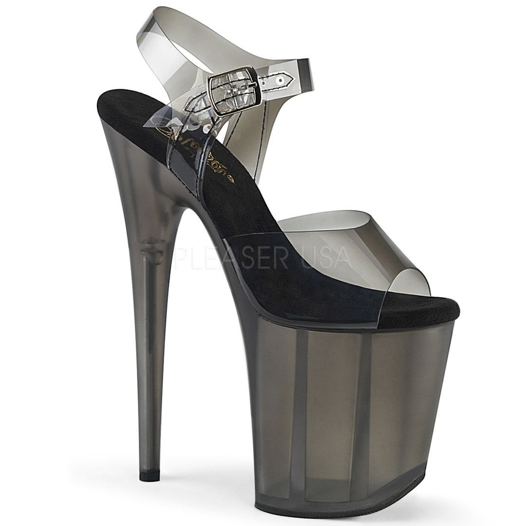 Women's sexy black/grey ankle strap stripper pumps with 8" high heel.