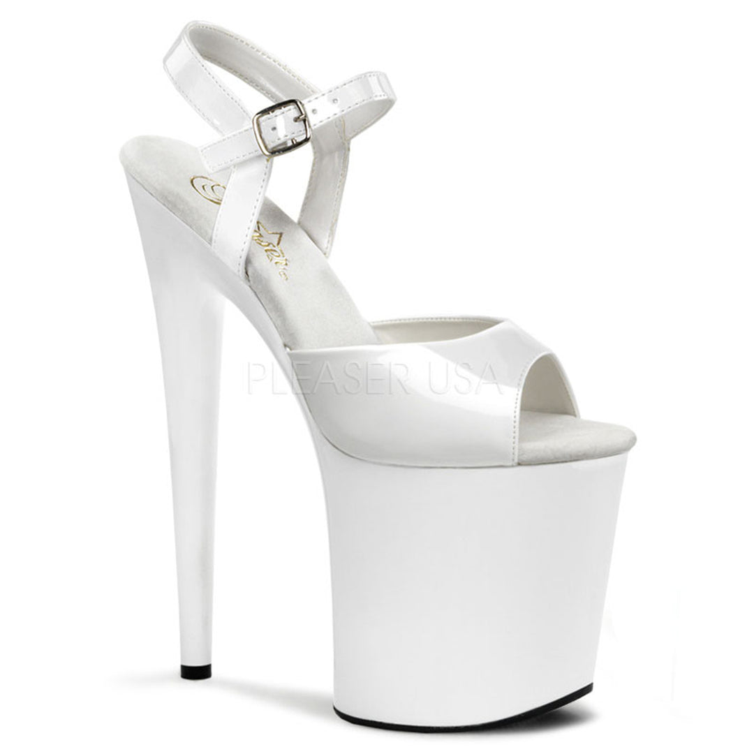 Women's sexy white ankle strap exotic dancer high heels with 8" high heel.