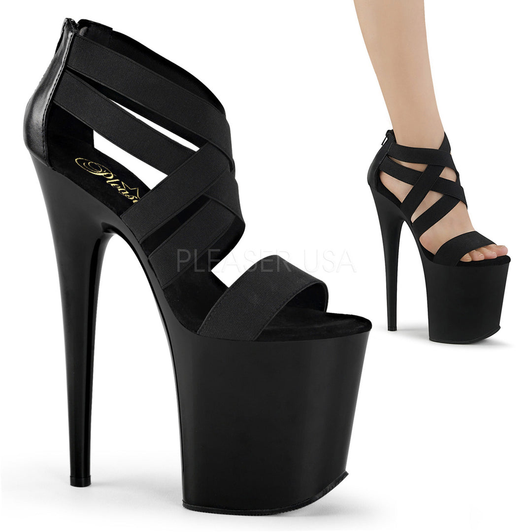 Women's sexy black faux leather pole dancing shoes with 8" spike heel.