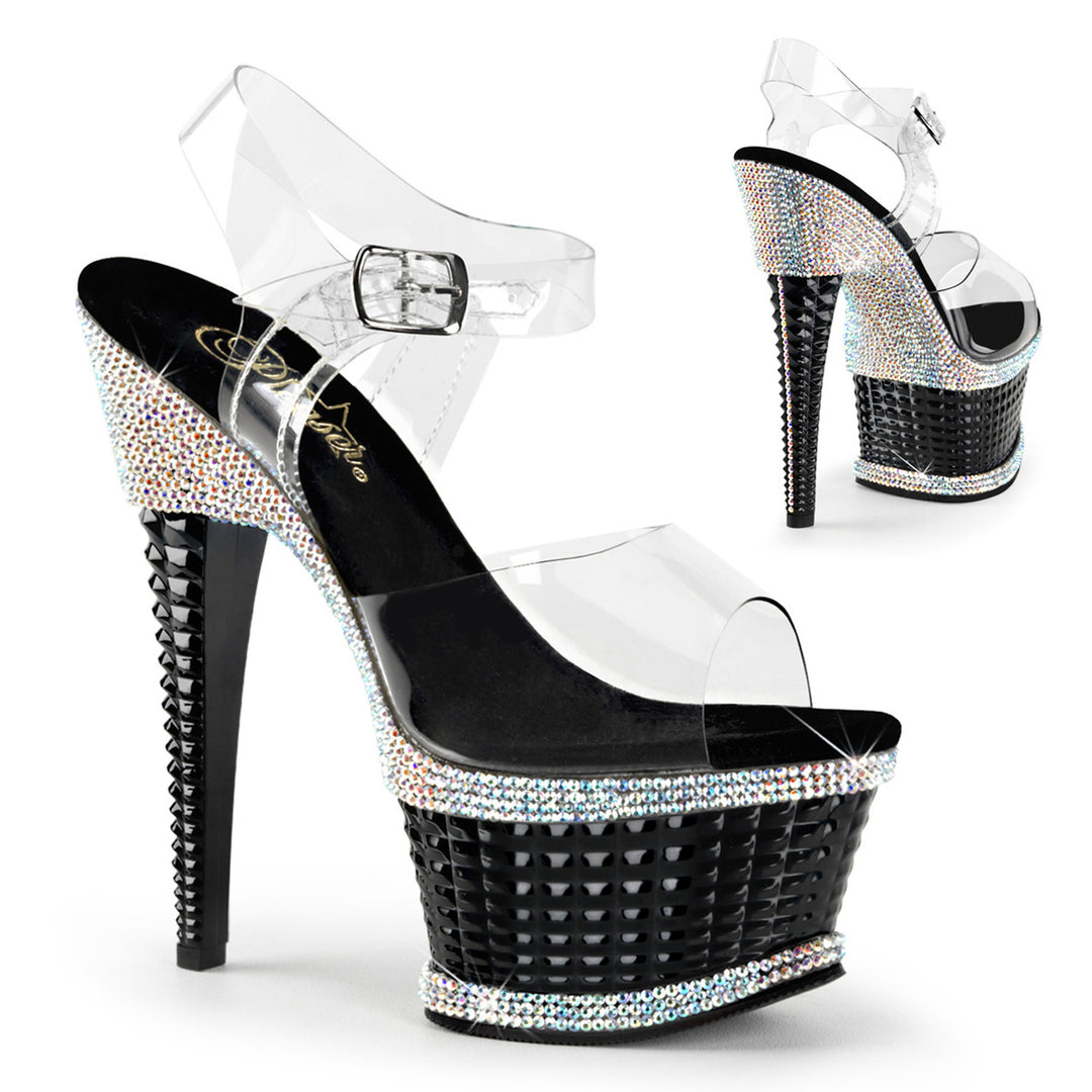 Women's sexy clear/black ankle strap pole dancing heels with 6.5" high heel.