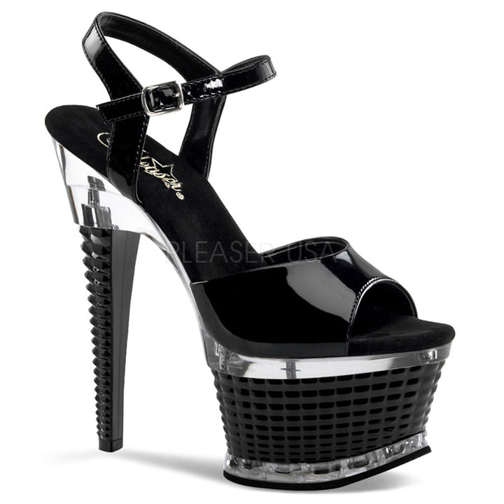 Women's black ankle strap pole dancing heels with 6.5" heel.