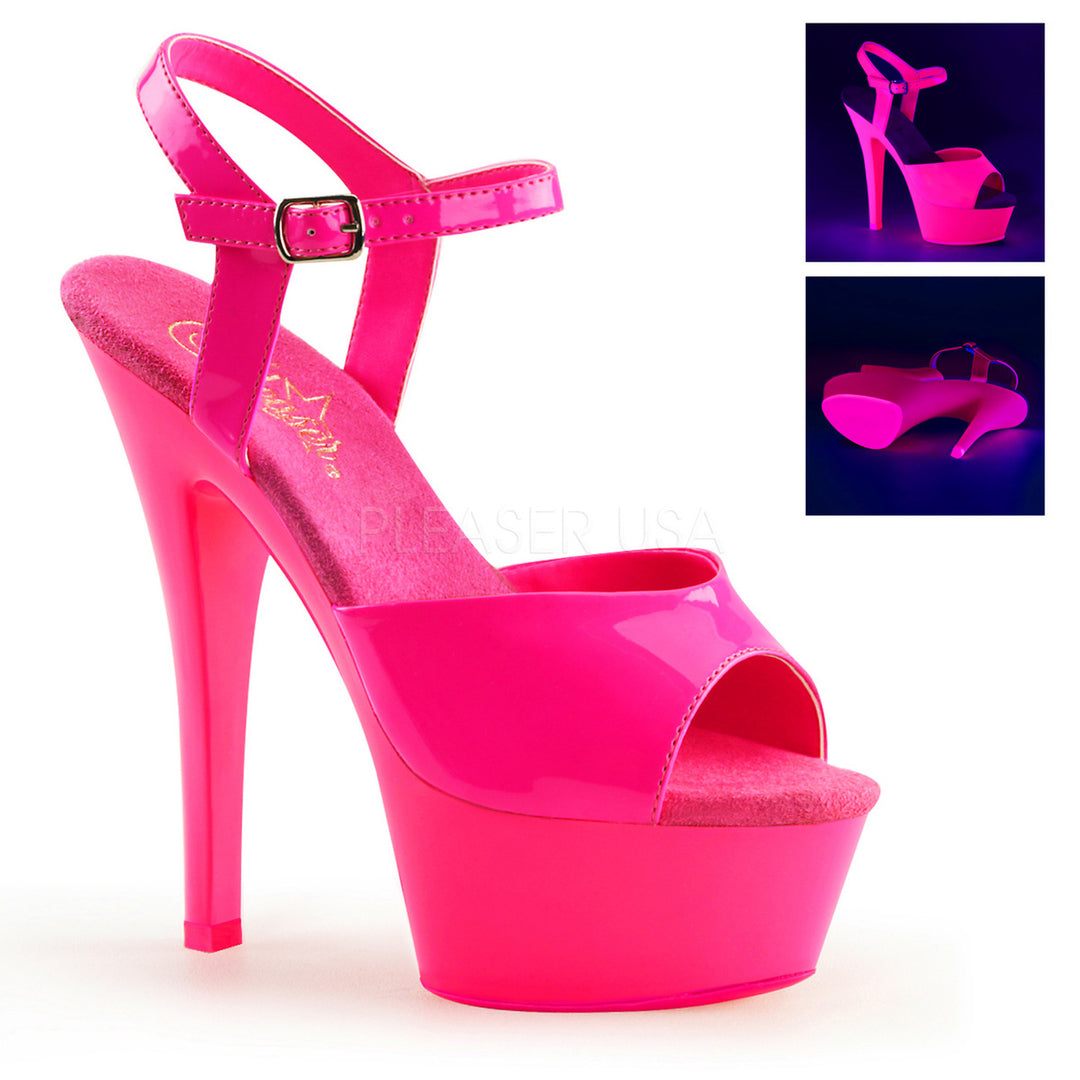 Women's sexy hot pink ankle strap stripper pumps with 6" high heel.