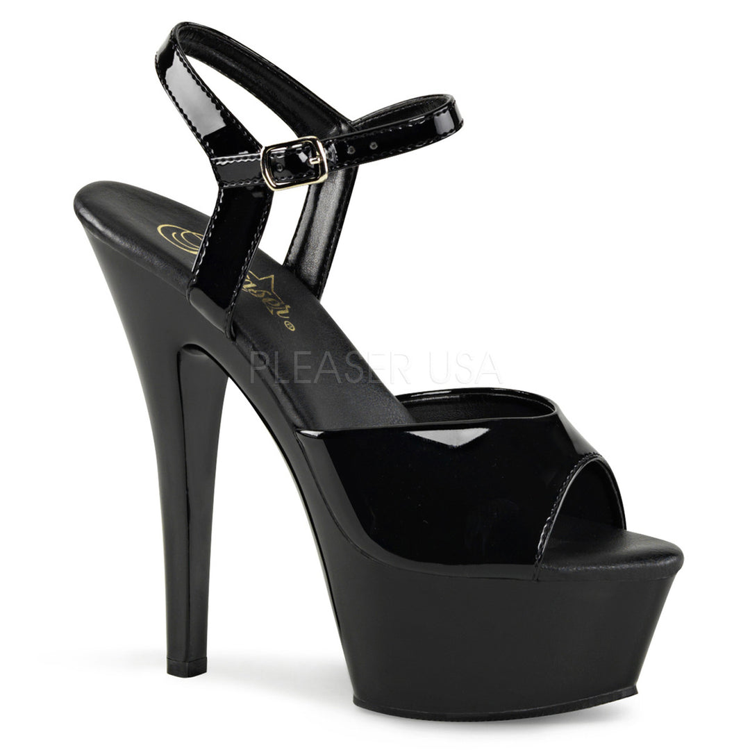 Women's sexy black ankle strap exotic dancer pumps with 6" high heel.