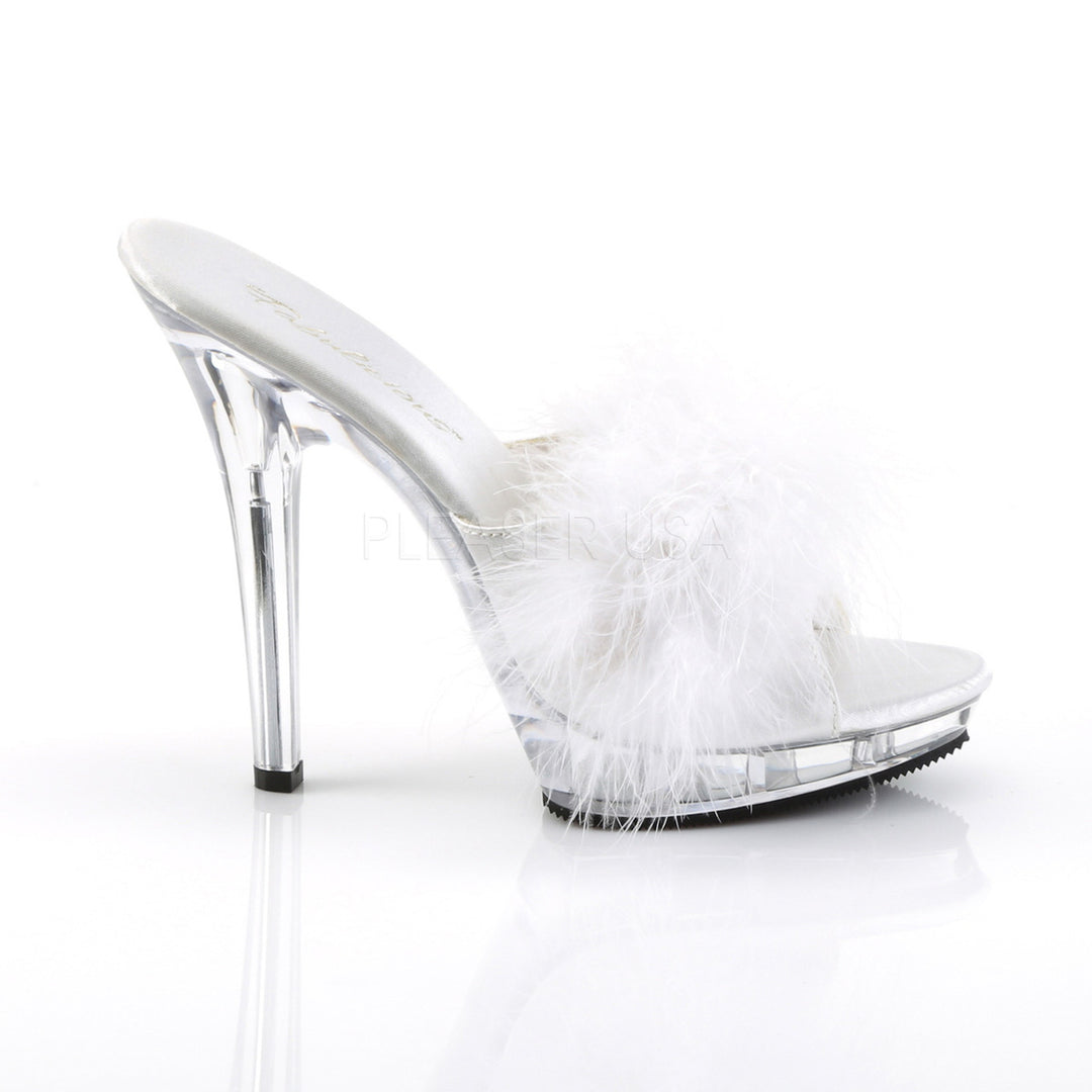 White Satin-Fur 5" Heel Platform Marabou Slipper - Pleaser Shoes