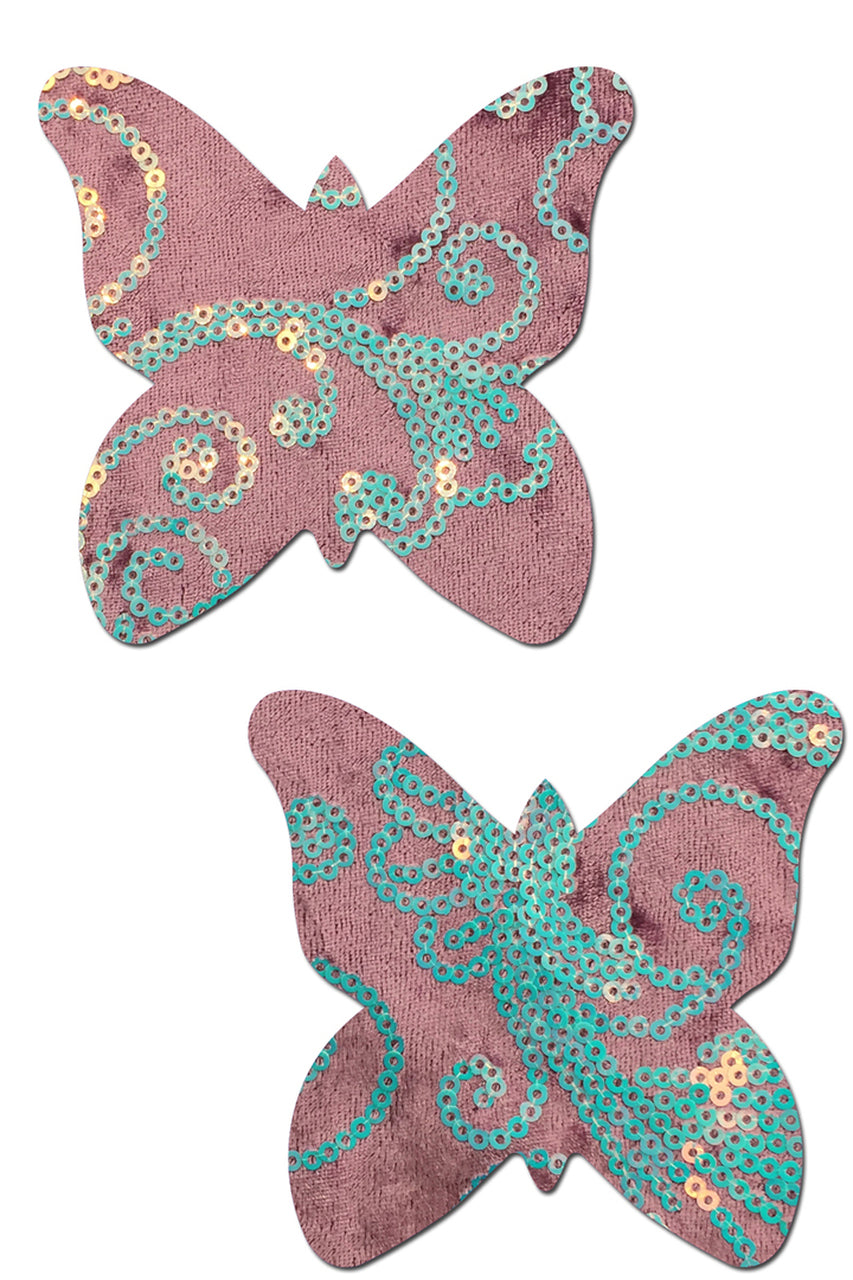 Pink velvet and sequin butterfly nipple stickers