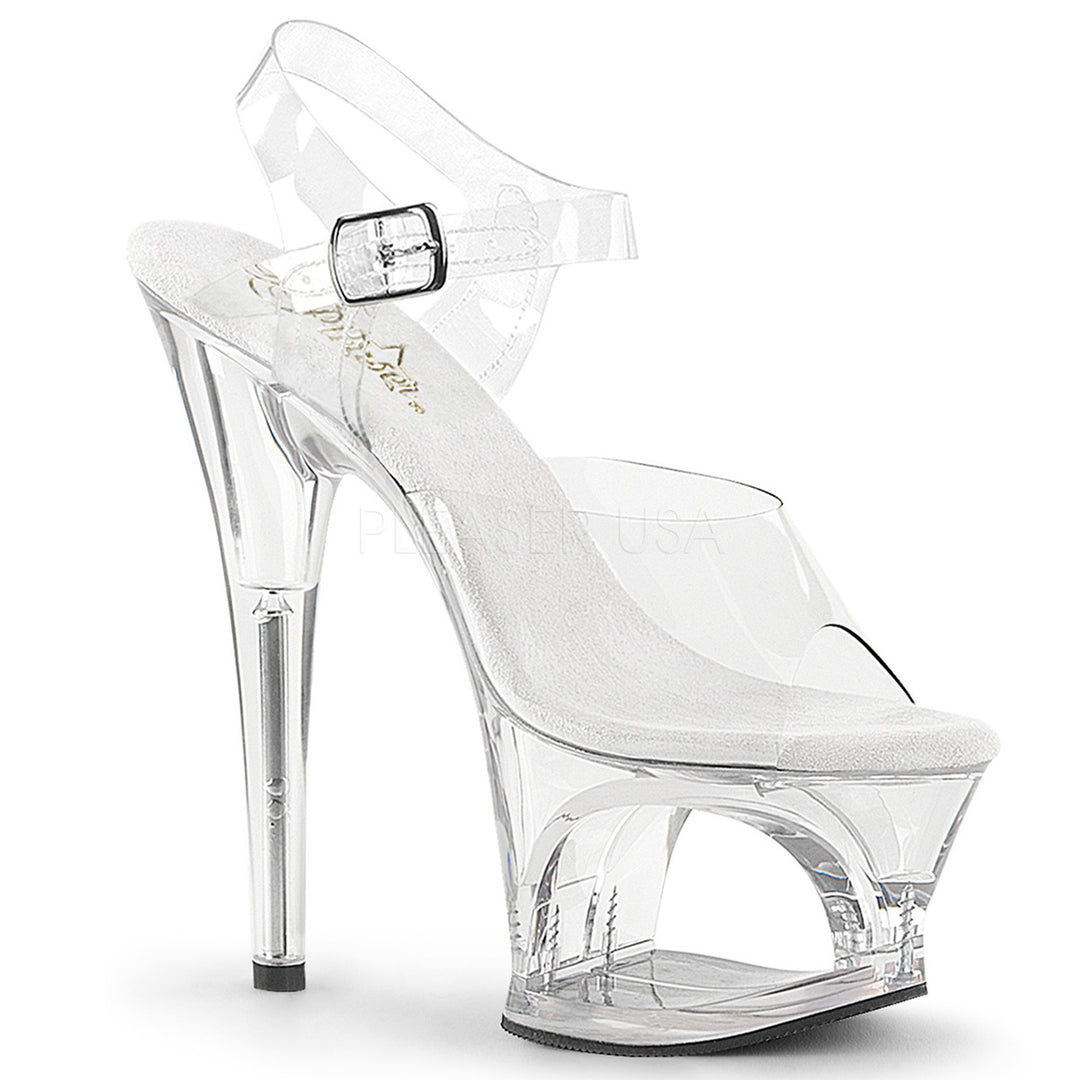 Sexy clear ankle strap stripper heels with 7" heel.