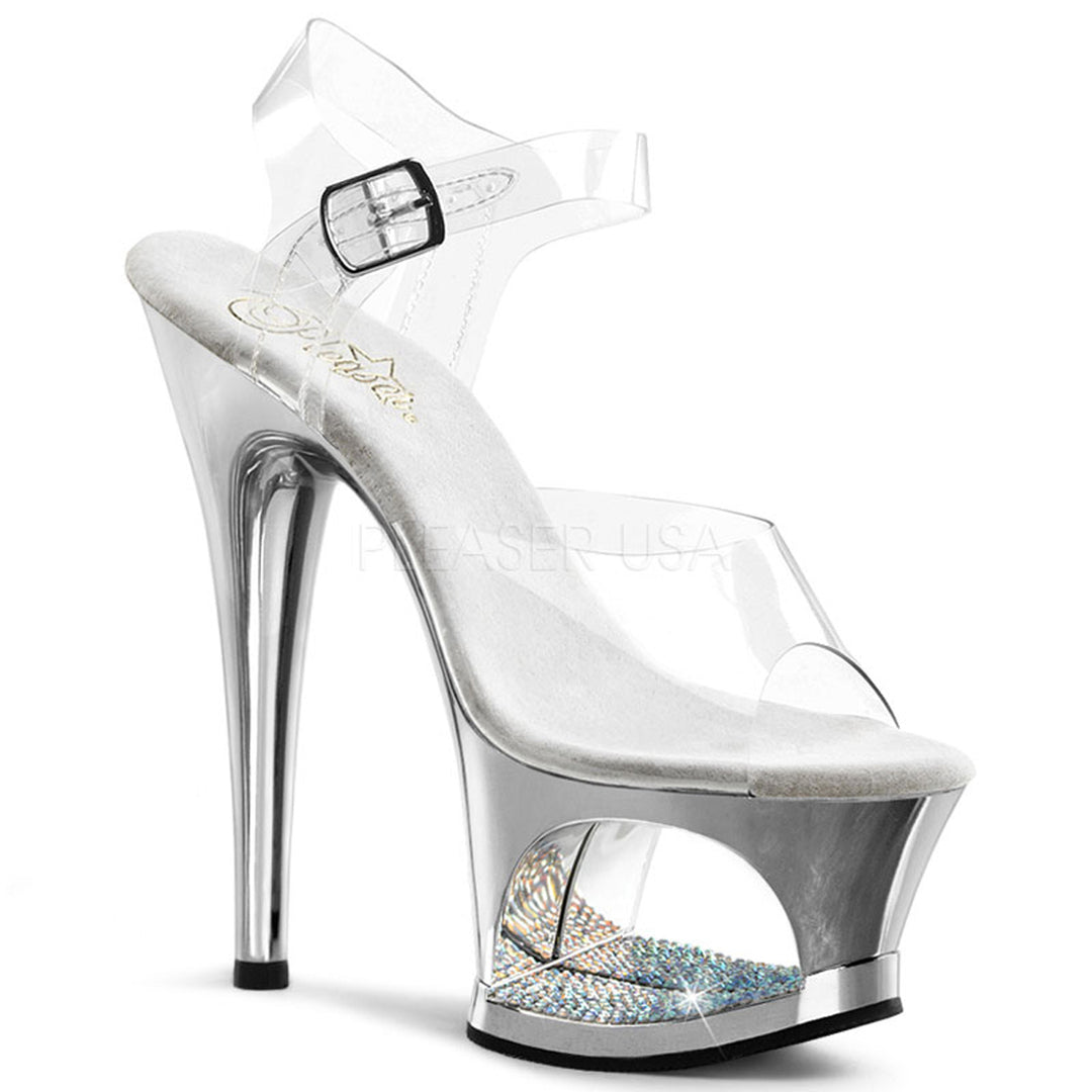 Women's sexy clear/silver ankle strap exotic dancer heels with 7" high heel.