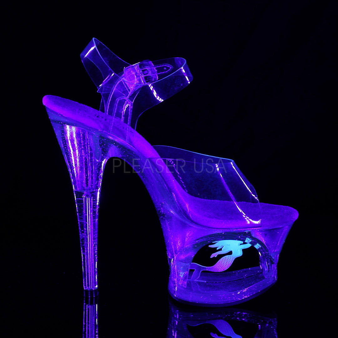 Shop these women's clear exotic dancer high heels with ankle strap, 7 inch high heel, and 2.8" platform - Pleaser Shoes